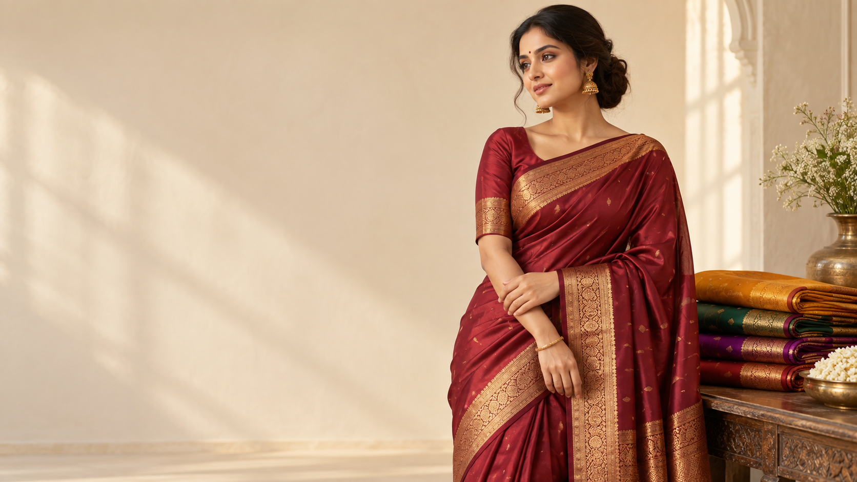 Woman wearing a ruby silk saree with an antique-gold border